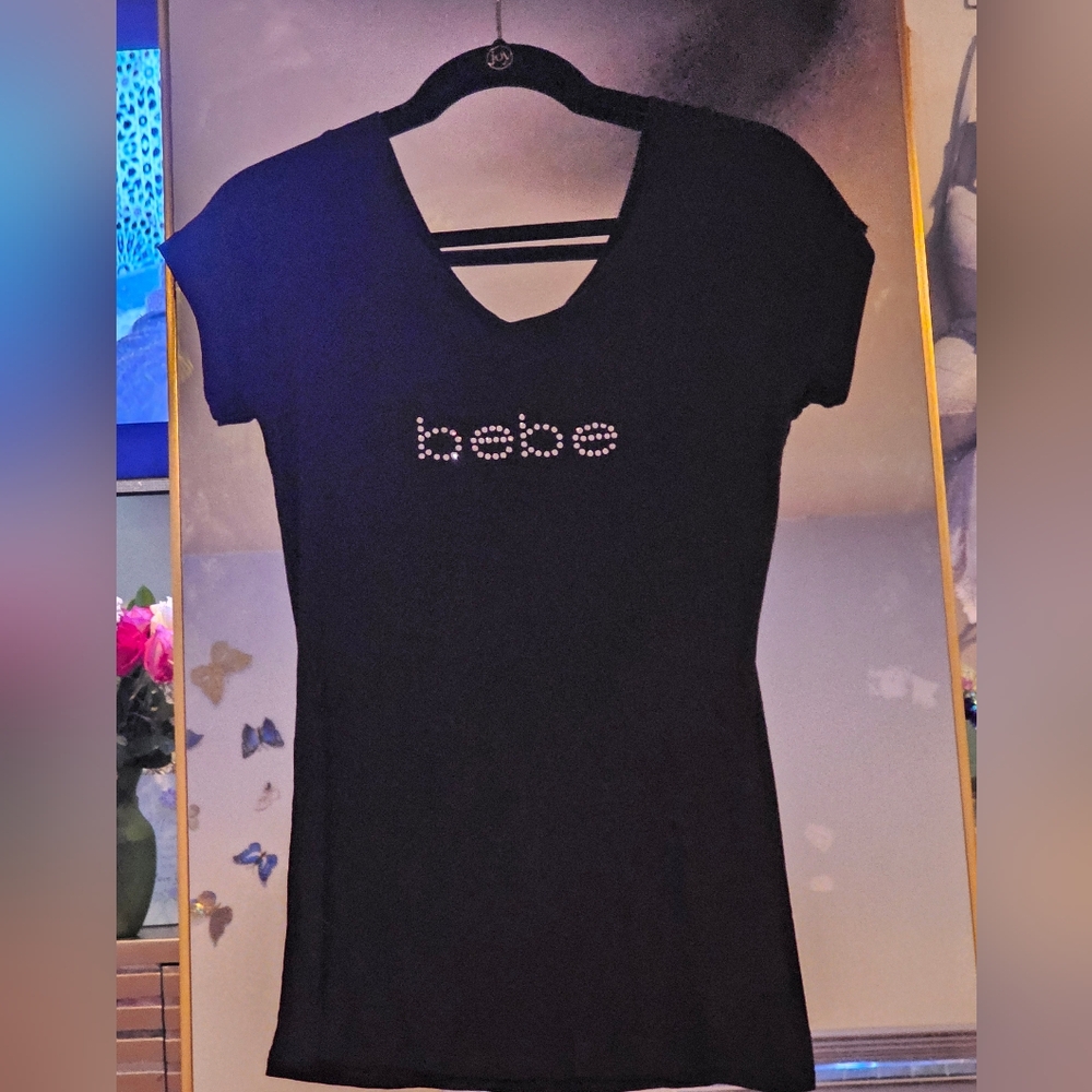 Bebe Black Logo Double V-neck Top
